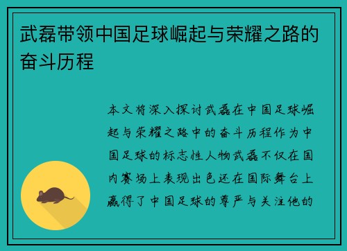 武磊带领中国足球崛起与荣耀之路的奋斗历程